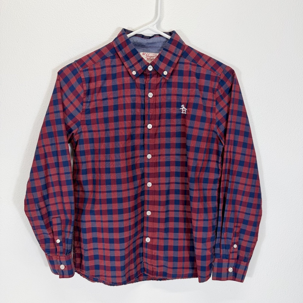 Original Penguin Boys Plaid Long Sleeve Button Down Red Navy Shirt M 10-12